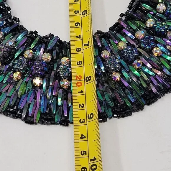 Vintage Handcrafted AB Oil Slick Beaded Statement Bib Collar Necklace Cleopatra - Picture 3 of 11